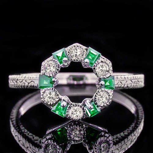 VINTAGE EMERALD DIAMOND HALO SEMI MOUNT ENGAGEMENT RING 6mm 6.5mm 1ct WHITE GOLD