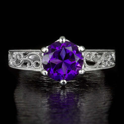 VINTAGE ROUND AMETHYST 14K GOLD FILIGREE ESTATE RING