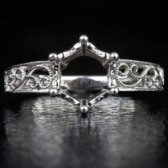 PLATINUM VINTAGE ENGAGEMENT RING SETTING ROUND SEMI-MOUNT EDWARDIAN FILIGREE 8MM