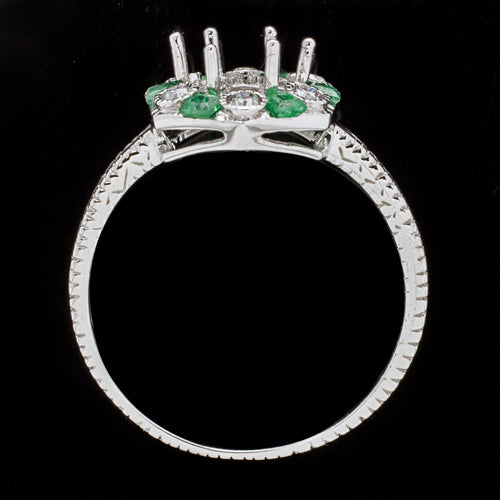 VINTAGE EMERALD DIAMOND HALO SEMI MOUNT ENGAGEMENT RING 6mm 6.5mm 1ct WHITE GOLD