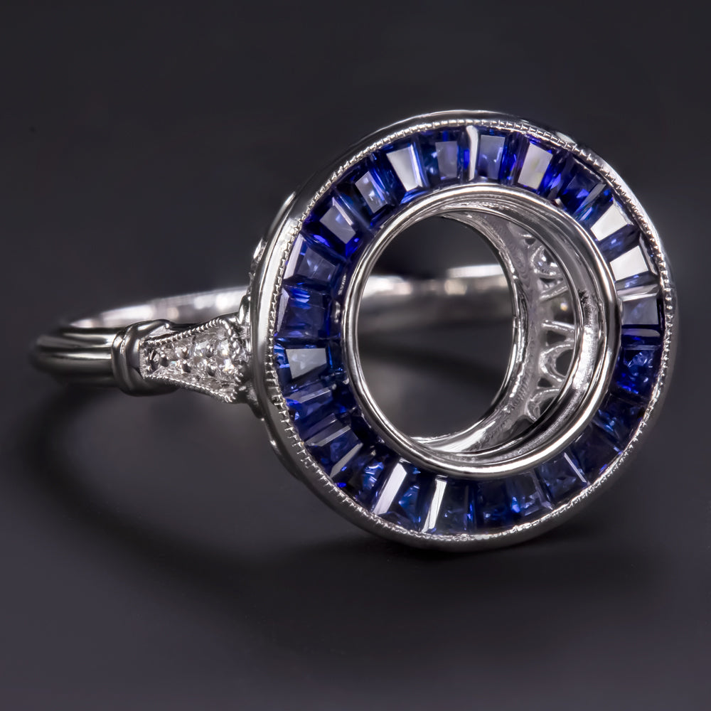 SAPPHIRE DIAMOND RING SETTING ROUND VINTAGE STYLE ART DECO TARGET ENGAGEMENT
