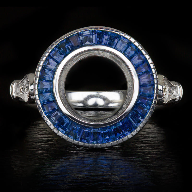 VINTAGE STYLE SAPPHIRE ROUND DIAMOND BEZEL SETTING SEMI-MOUNT RING ART DECO HALO