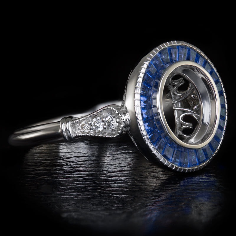 VINTAGE STYLE SAPPHIRE ROUND DIAMOND BEZEL SETTING SEMI-MOUNT RING ART DECO HALO