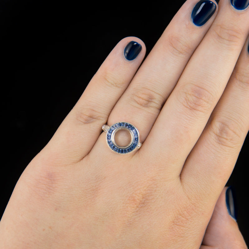 VINTAGE STYLE SAPPHIRE ROUND DIAMOND BEZEL SETTING SEMI-MOUNT RING ART DECO HALO