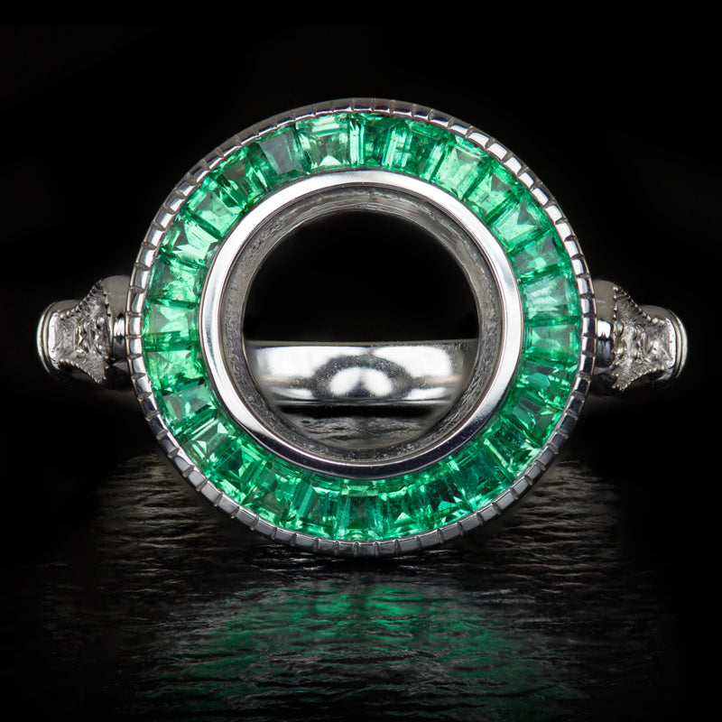 VINTAGE STYLE EMERALD DIAMOND BEZEL HALO SETTING ART DECO SEMI-MOUNT RING 14K WG