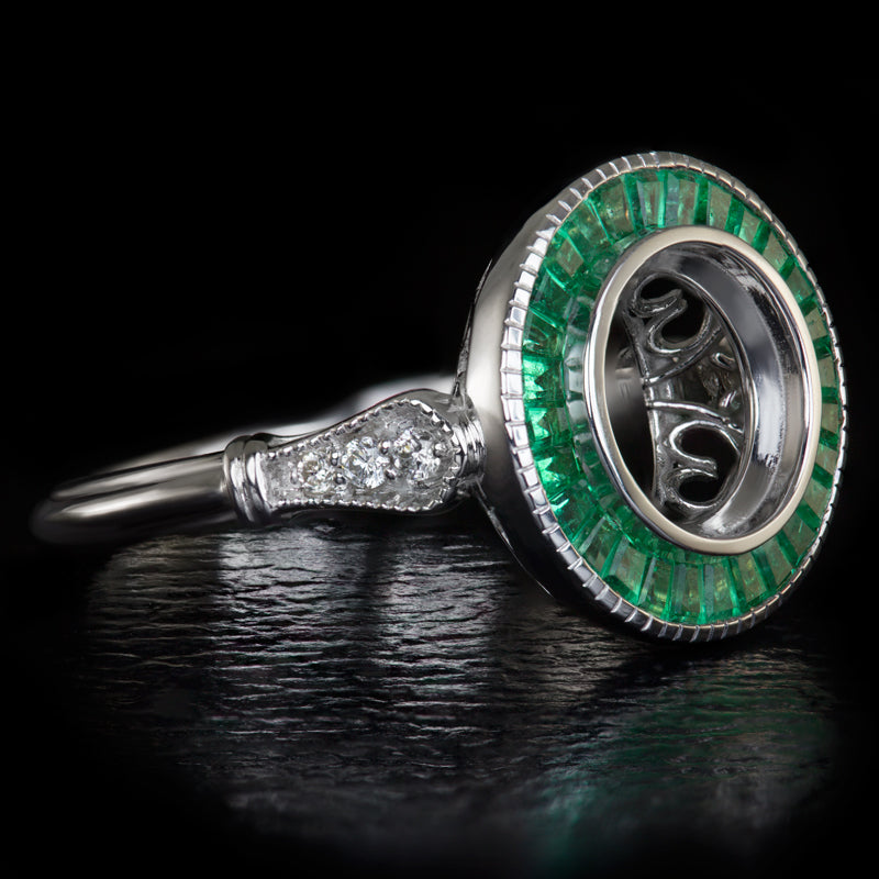 VINTAGE STYLE EMERALD DIAMOND BEZEL HALO SETTING ART DECO SEMI-MOUNT RING 14K WG