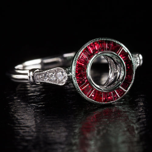 RUBY ART DECO DIAMOND VINTAGE STYLE HALO ENGAGEMENT RING SETTING SEMI MOUNT