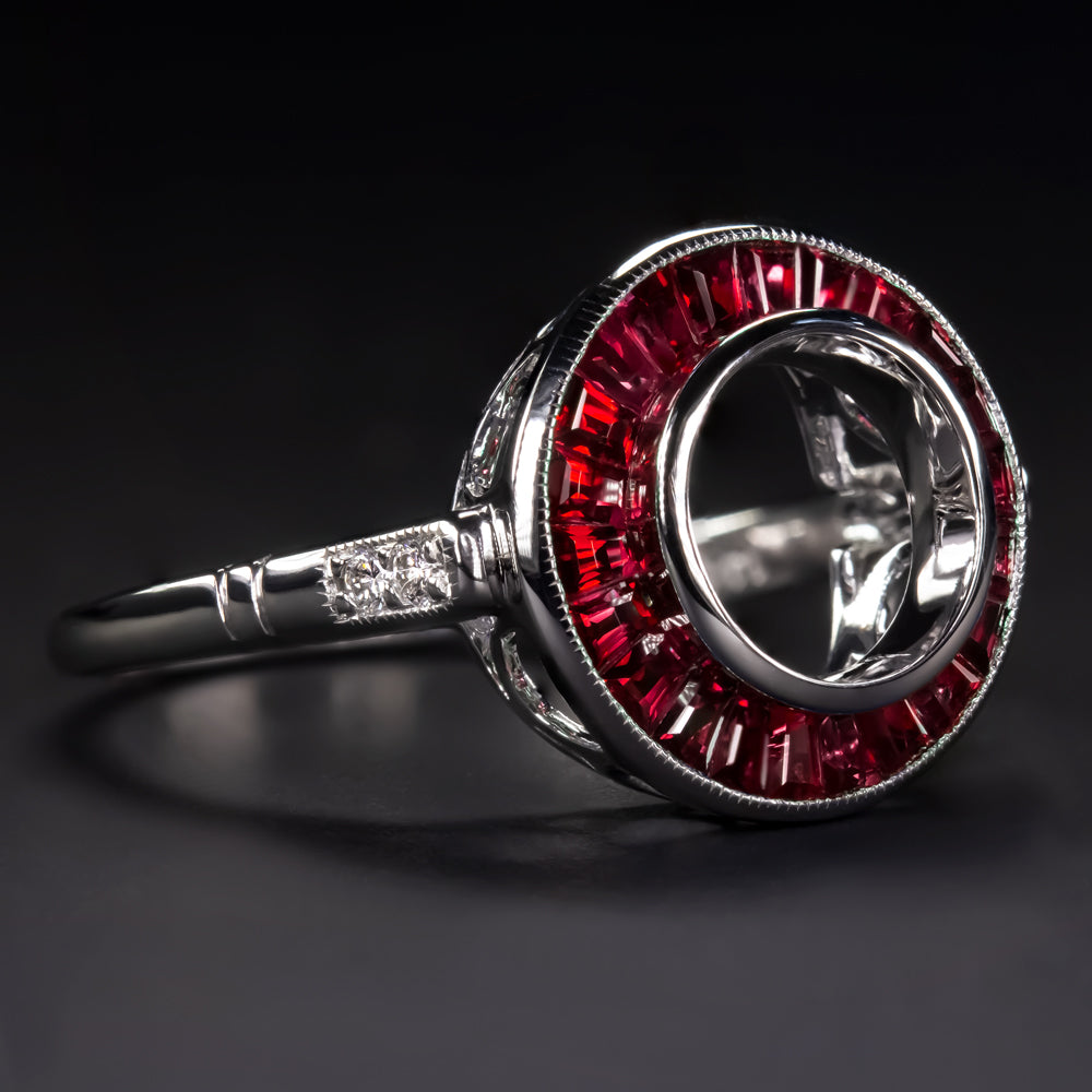 RUBY DIAMOND RING SETTING ROUND VINTAGE STYLE ART DECO CALIBRE CUT TARGET MOUNT