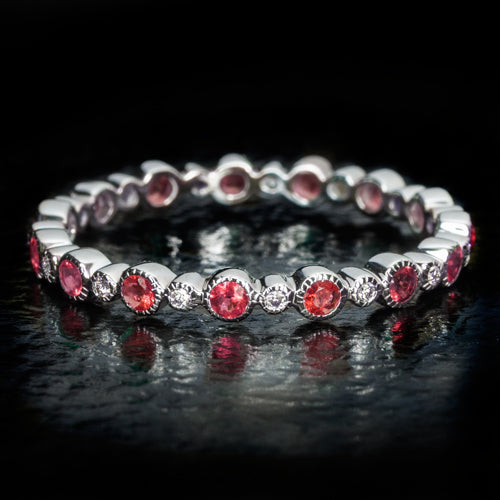 RUBY RED NATURAL WHITE DIAMOND ETERNITY BAND 14K WG COCKTAIL RING VINTAGE STYLE Ivy & Rose