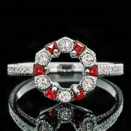 DIAMOND RUBY HALO SEMI MOUNT RING VINTAGE ENGAGEMENT ANTIQUE STYLE WHITE GOLD