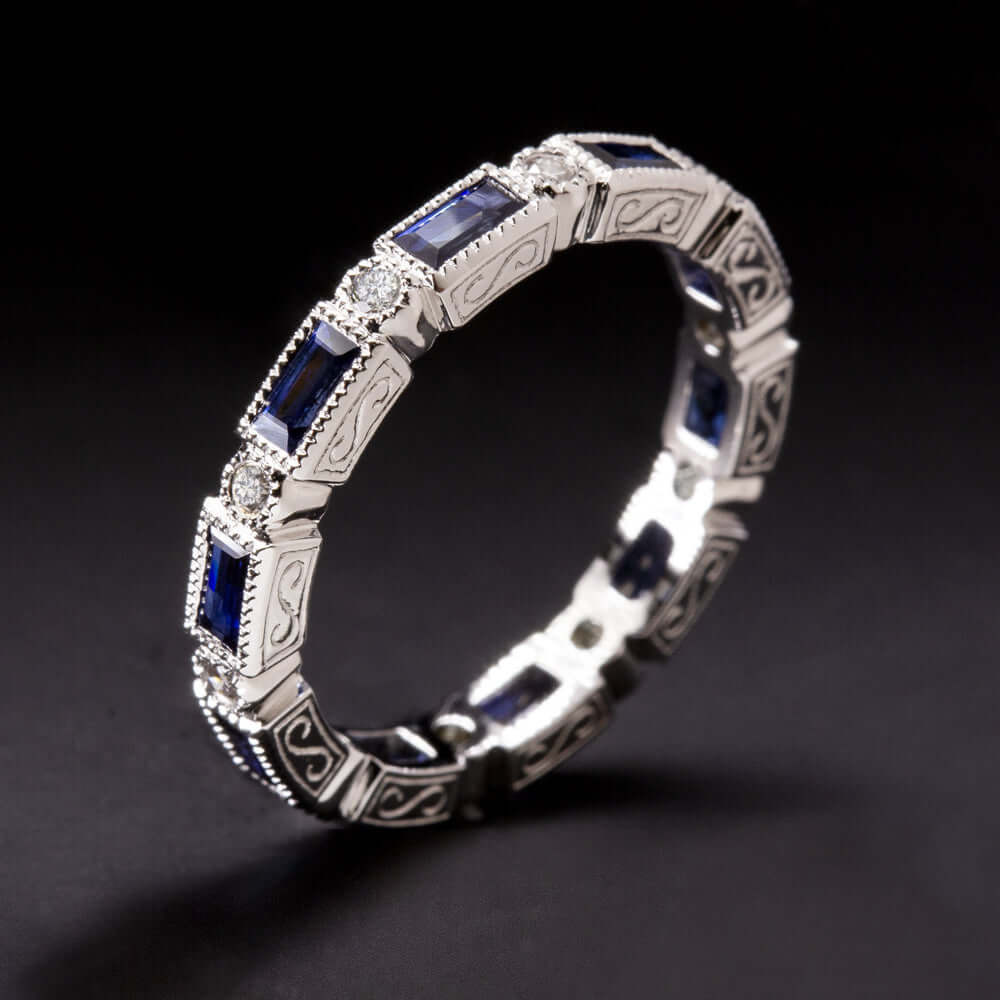 1ct BLUE SAPPHIRE BAND DIAMOND VINTAGE RING ETERNITY BAGUETTE WEDDING COCKTAIL