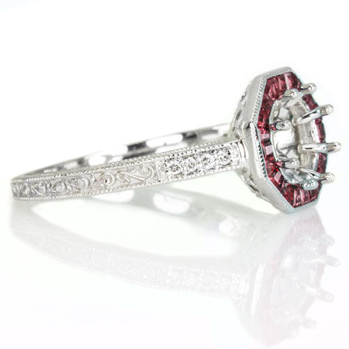 VINTAGE STYLE RUBY HALO DIAMOND SEMI-MOUNT ENGAGEMENT RING ROUND SETTING 14K WG
