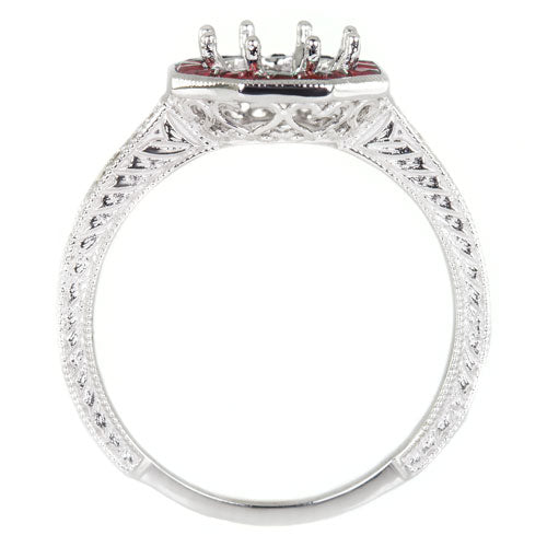 VINTAGE STYLE RUBY HALO DIAMOND SEMI-MOUNT ENGAGEMENT RING ROUND SETTING 14K WG