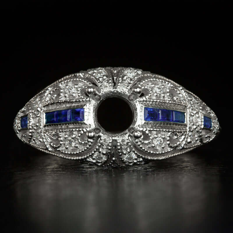 DIAMOND SAPPHIRE VINTAGE STYLE ENGAGEMENT RING SETTING ROUND SEMI MOUNT 5mm 5.5m