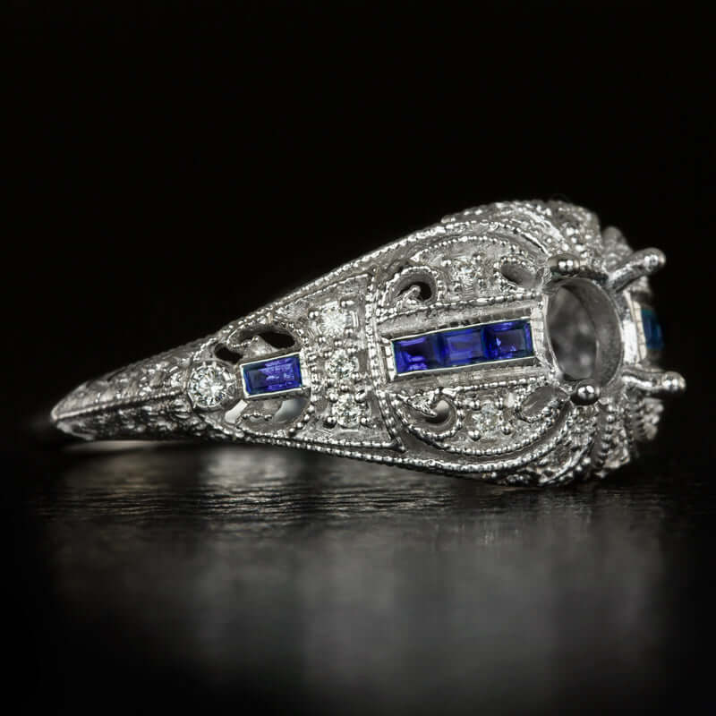 DIAMOND SAPPHIRE VINTAGE STYLE ENGAGEMENT RING SETTING ROUND SEMI MOUNT 5mm 5.5m