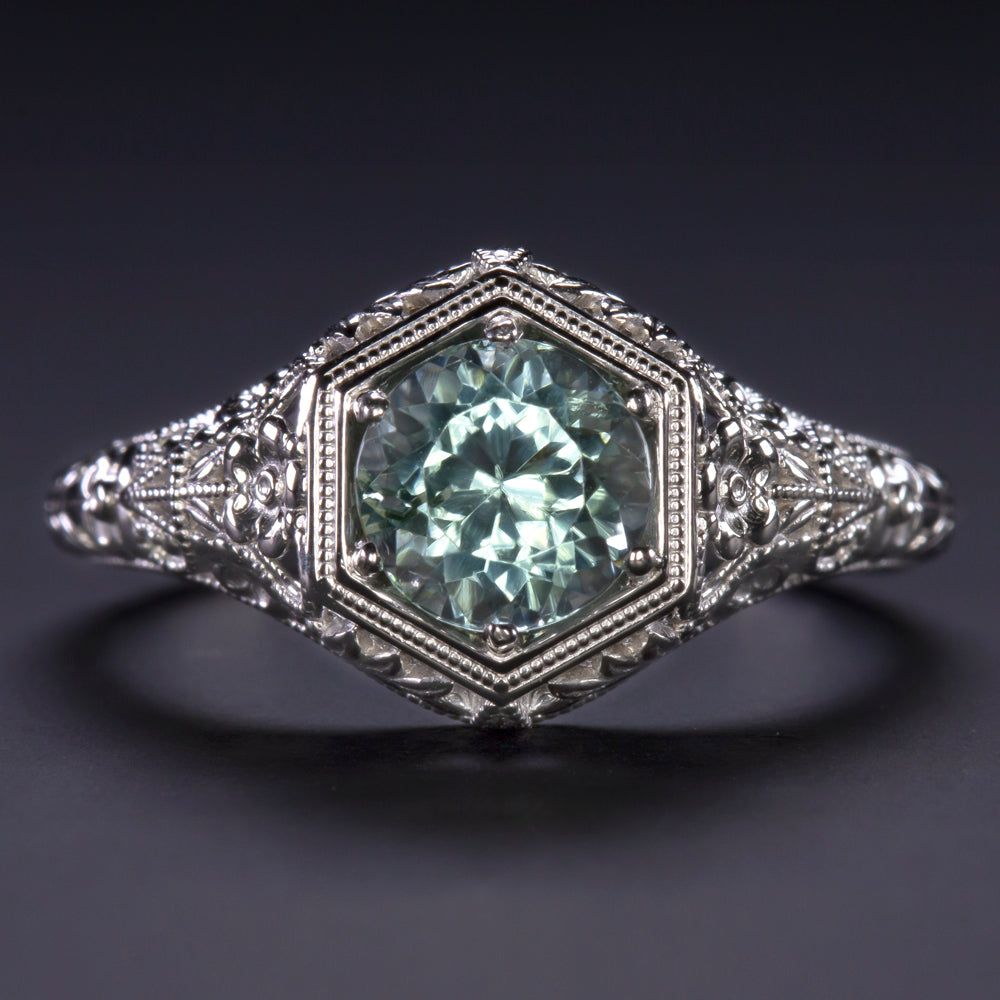 ROUND CUT TOURMALINE RING VINTAGE STYLE 14k WHITE GOLD NATURAL GREEN SOLITAIRE Ivy & Rose