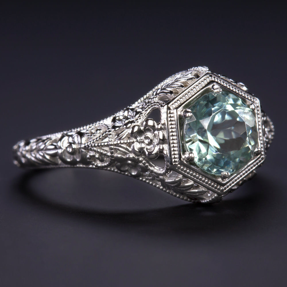 ROUND CUT TOURMALINE RING VINTAGE STYLE 14k WHITE GOLD NATURAL GREEN SOLITAIRE Ivy & Rose