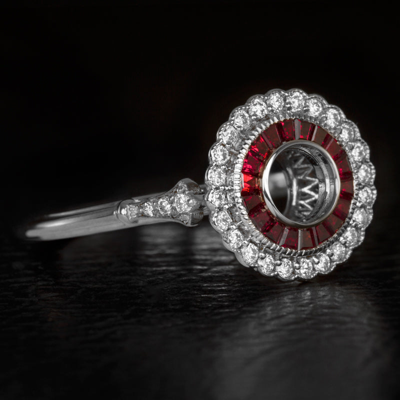 VINTAGE STYLE DIAMOND SCALLOP HALO RUBY ENGAGEMENT RING SETTING ART DECO ROUND