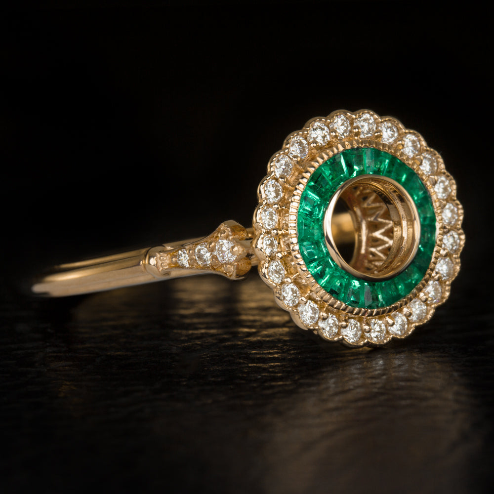VINTAGE STYLE DIAMOND HALO EMERALD ENGAGEMENT RING SETTING ART DECO ROUND GOLD