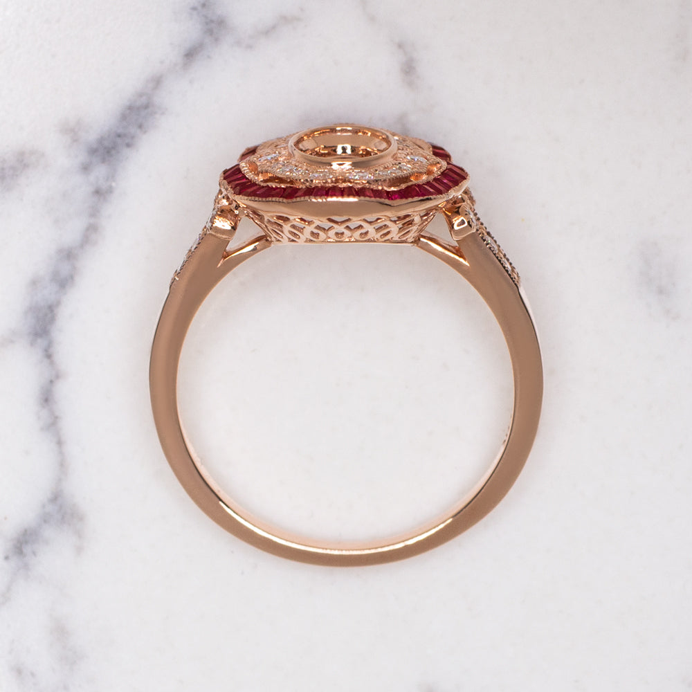 VINTAGE STYLE DIAMOND RUBY ENGAGEMENT RING SETTING OVAL MOUNT ART DECO ROSE GOLD