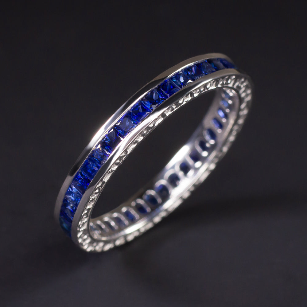 NATURAL FRENCH CUT SAPPHIRE ETERNITY RING WEDDING BAND VINTAGE STYLE ART DECO