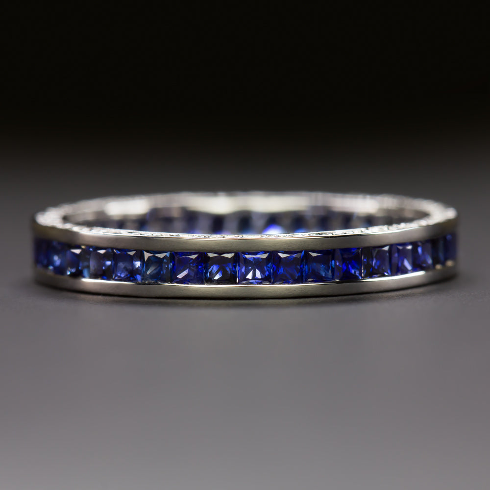 NATURAL FRENCH CUT SAPPHIRE ETERNITY RING WEDDING BAND VINTAGE STYLE ART DECO