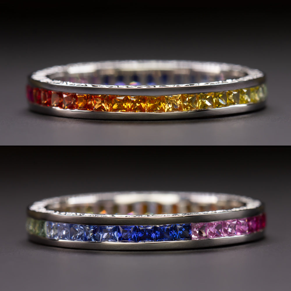 NATURAL FRENCH CUT RAINBOW SAPPHIRE ETERNITY RING WEDDING BAND ART DECO STYLE