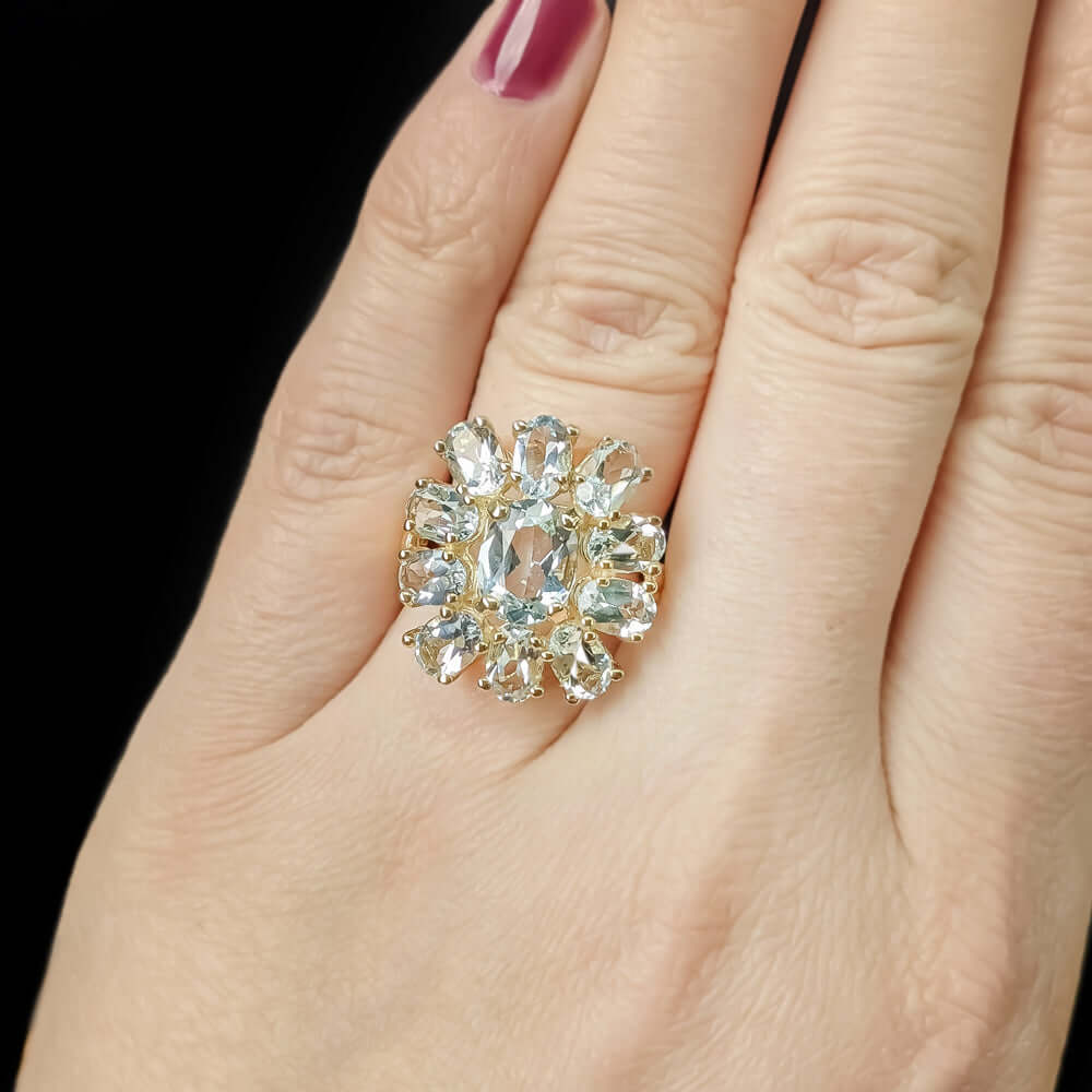 5 CARAT NATURAL AQUAMARINE ICE BLUE COCKTAIL STATEMENT RING 14K YELLOW GOLD BIG
