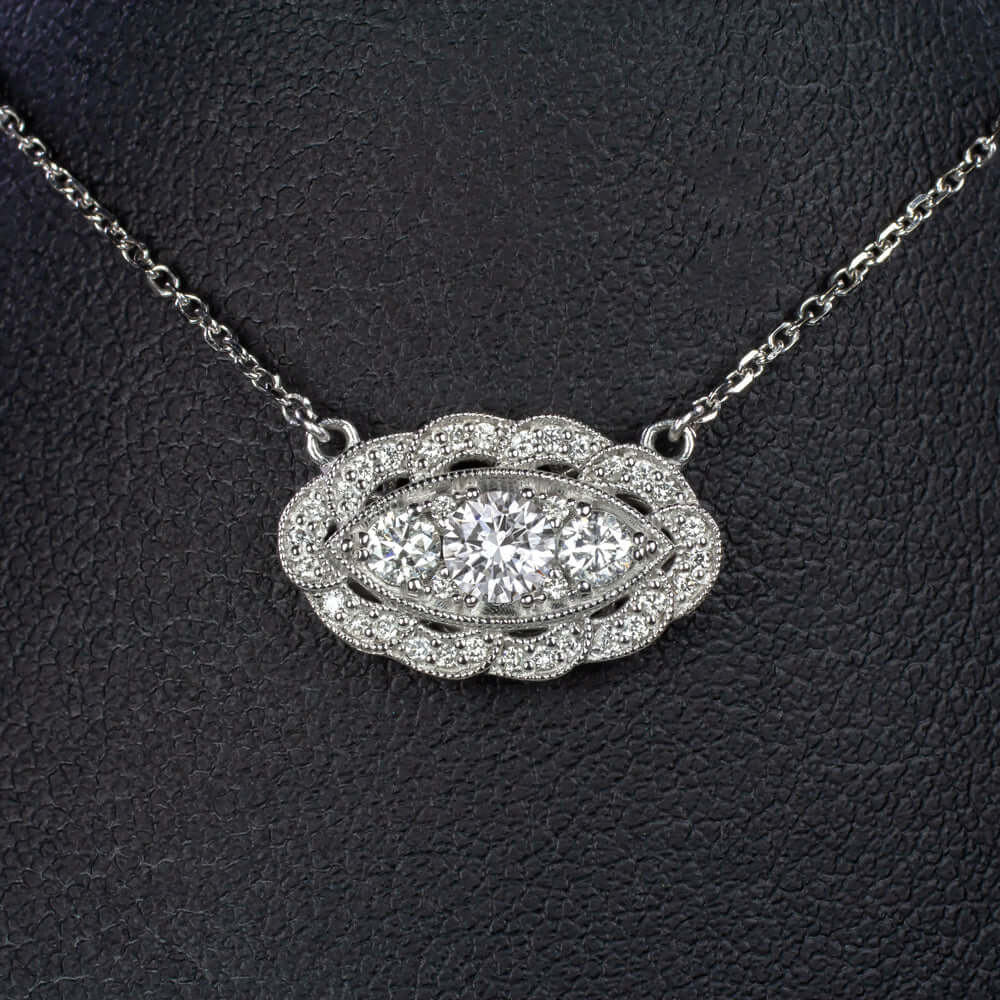 0.64ct VINTAGE STYLE DIAMOND PENDANT NECKLACE 14k WHITE GOLD EDWARDIAN STYLE