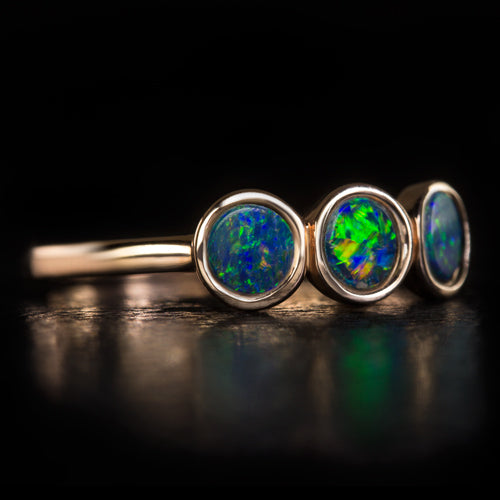 OPAL 3 STONE COCKTAIL RING NATURAL AUSTRALIAN STACKING BAND 14K ROSE GOLD BEZEL
