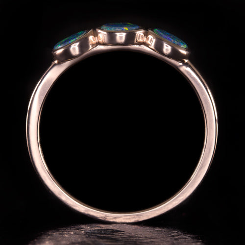 OPAL 3 STONE COCKTAIL RING NATURAL AUSTRALIAN STACKING BAND 14K ROSE GOLD BEZEL