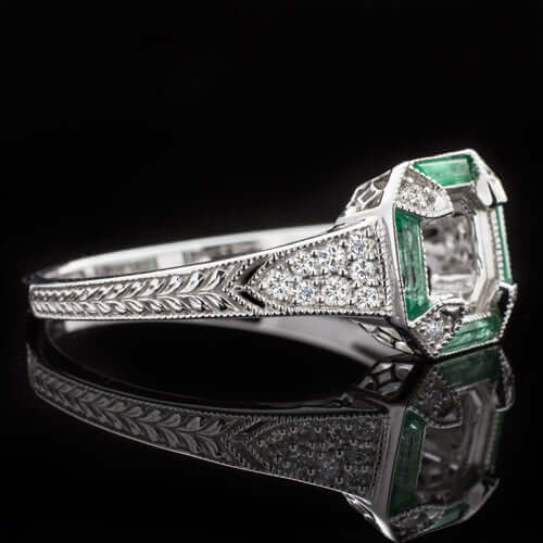 DIAMOND EMERALD VINTAGE STYLE ENGAGEMENT RING SETTING 5MM ROUND 5.5MM ART DECO
