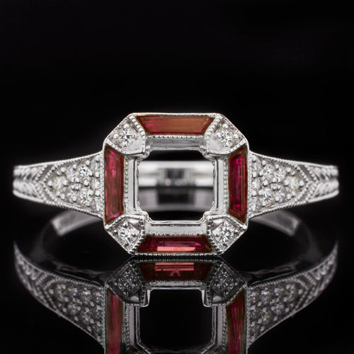 VINTAGE STYLE DIAMOND RUBY SQUARE ENGAGEMENT RING SETTING ROUND CUSHION MOUNT