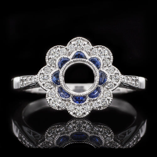 NATURAL SAPPHIRE DIAMOND FLORAL VINTAGE STYLE HALO ENGAGEMENT RING SETTING ROUND