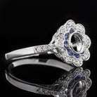 NATURAL SAPPHIRE DIAMOND FLORAL VINTAGE STYLE HALO ENGAGEMENT RING SETTING ROUND