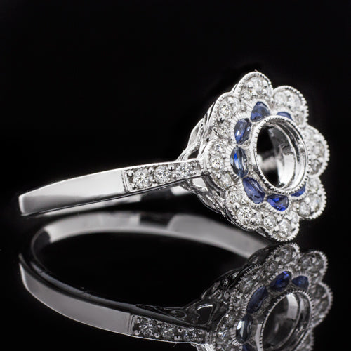 NATURAL SAPPHIRE DIAMOND FLORAL VINTAGE STYLE HALO ENGAGEMENT RING SETTING ROUND