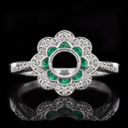 DIAMOND EMERALD VINTAGE STYLE DOUBLE HALO ENGAGEMENT RING SETTING 1/3CT ROUND 14