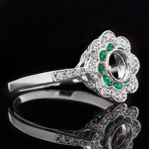 DIAMOND EMERALD VINTAGE STYLE DOUBLE HALO ENGAGEMENT RING SETTING 1/3CT ROUND 14