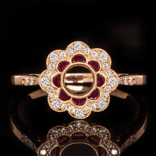 VINTAGE STYLE RUBY DIAMOND ROUND ENGAGEMENT RING ROSE GOLD SETTING ART DECO 14k
