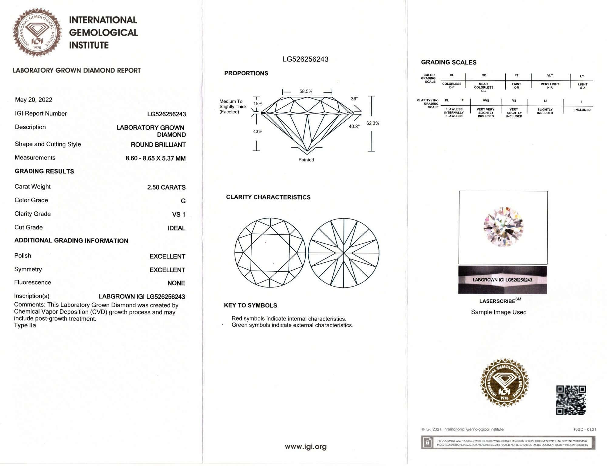 2.5 CARAT LAB CREATED DIAMOND IGI CERTIFIED G VS1 EXCELLENT CUT ROUND BRILLIANT