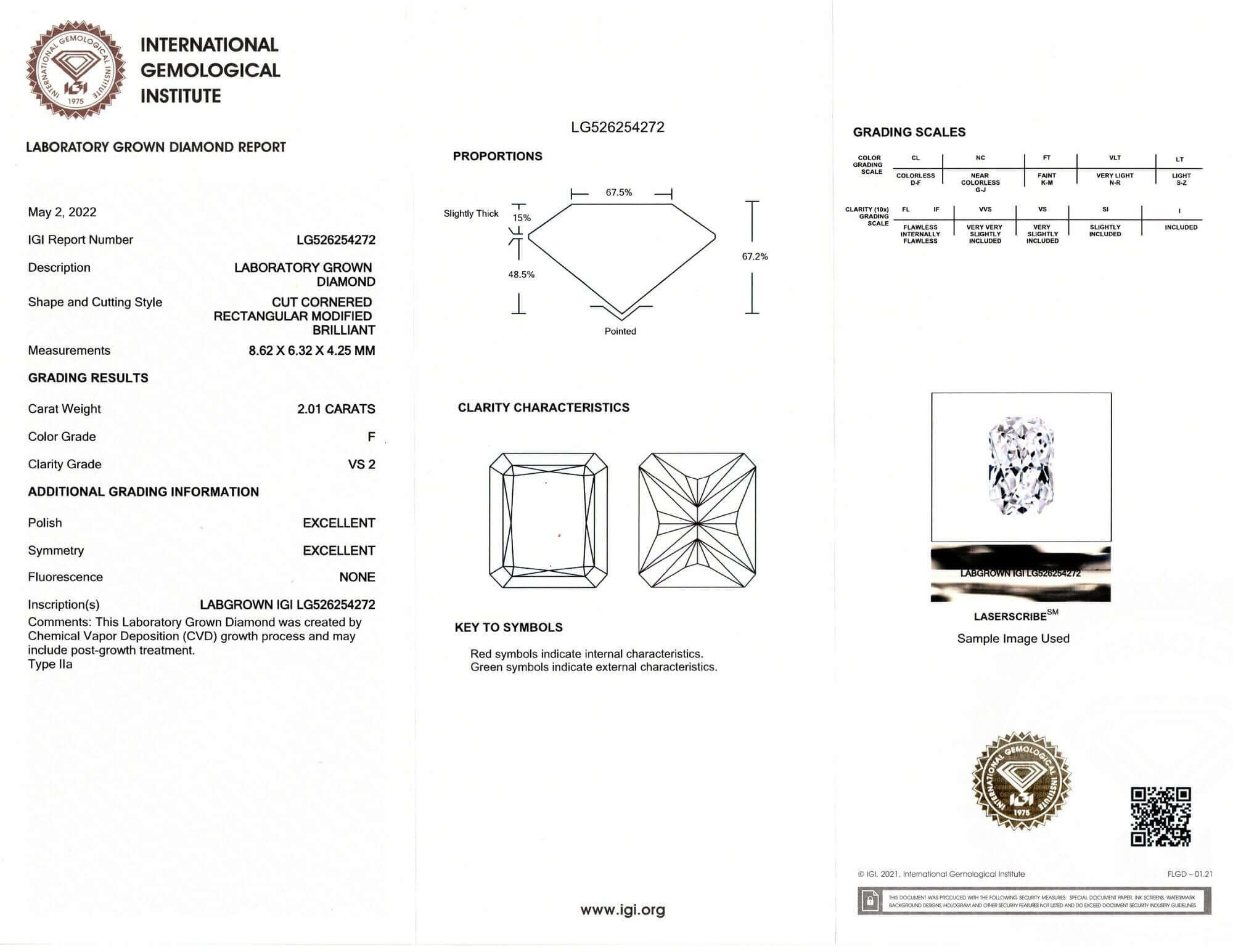 2 CARAT LAB CREATED DIAMOND IGI CERTIFIED F VS2 RADIANT CUT LOOSE ENGAGEMENT 2ct