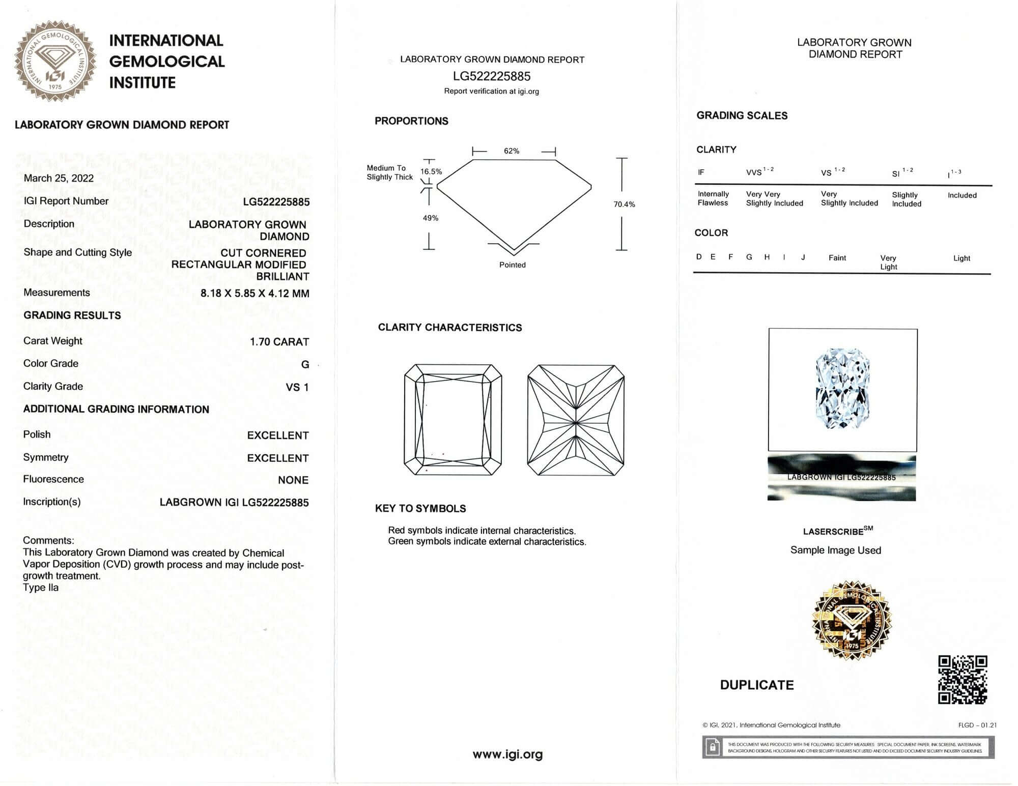 1.70ct LAB CREATED DIAMOND CERTIFIED G VS1 RADIANT CUT LOOSE ENGAGEMENT 1.75ct