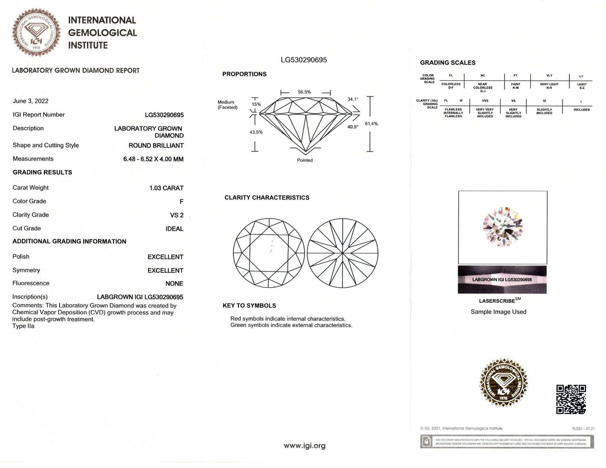 1 CARAT LAB CREATED DIAMOND IGI CERTIFIED F VS2 IDEAL ROUND CUT LOOSE COLORLESS