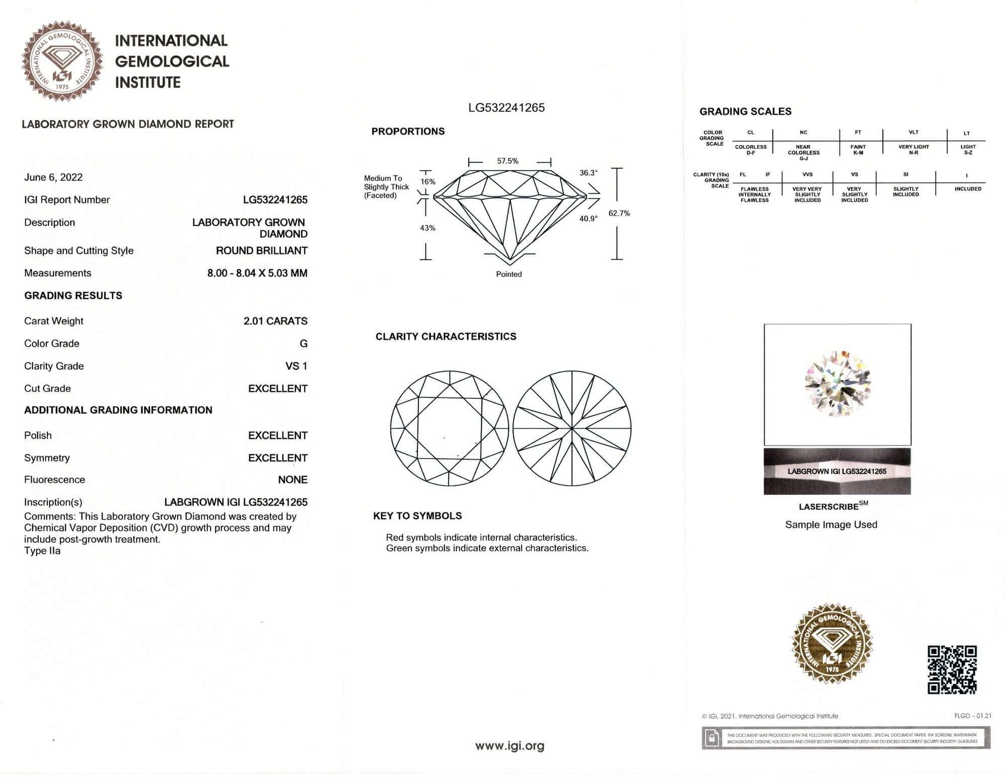 2 CARAT LAB CREATED DIAMOND CERTIFIED G VS1 3x EXCELLENT ROUND BRILLIANT LOOSE