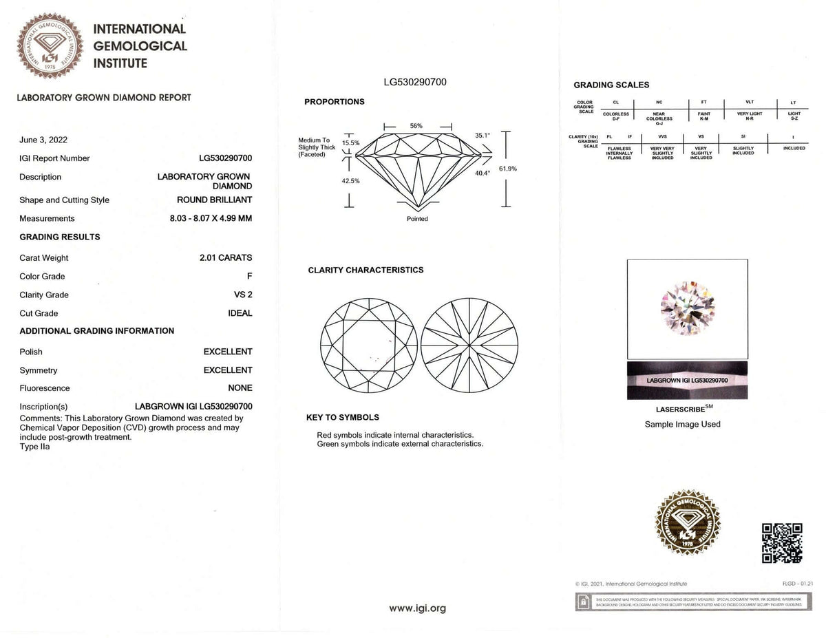 2 CARAT LAB CREATED DIAMOND IGI CERTIFIED F VS2 IDEAL ROUND CUT LOOSE COLORLESS