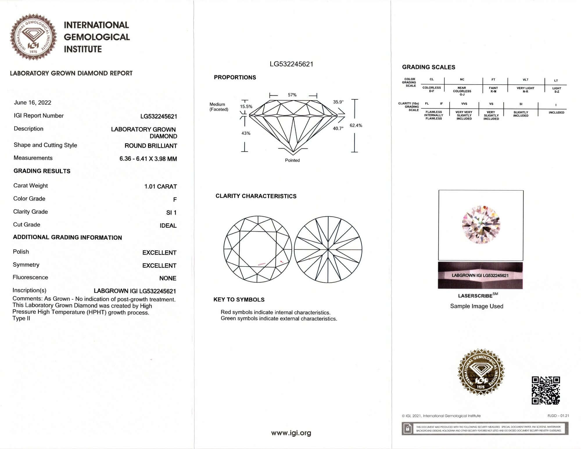 1 CARAT LAB CREATED DIAMOND CERTIFIED F SI1 EXCELLENT ROUND BRILLIANT CUT LOOSE