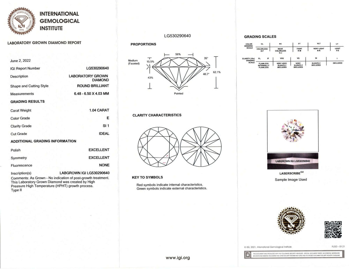 1.04ct LAB CREATED DIAMOND CERTIFIED E SI1 EXCELLENT ROUND BRILLIANT LOOSE 1ct