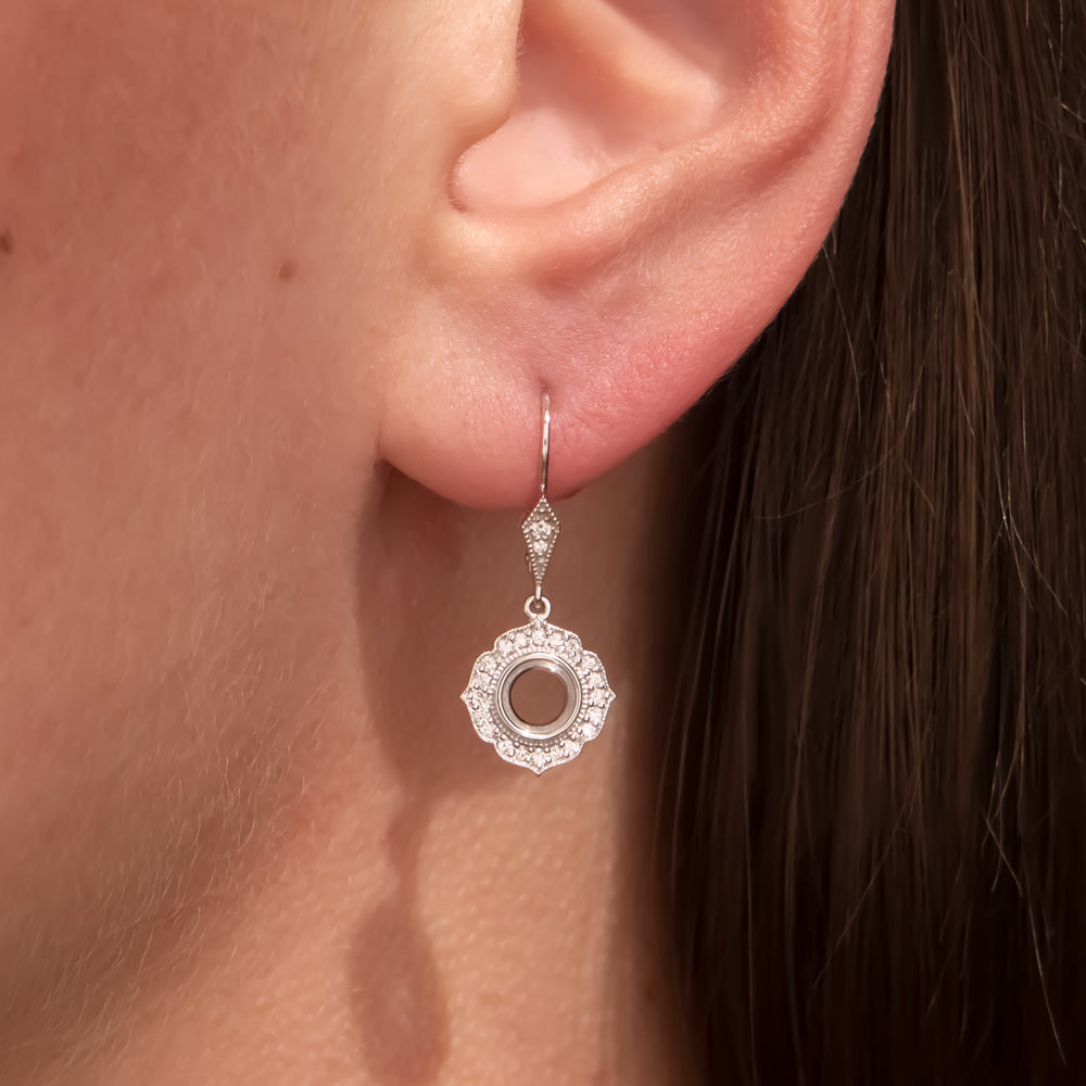 NATURAL DIAMOND 5mm SEMI MOUNT DANGLE EARRINGS HALO ROUND SETTING VINTAGE STYLE