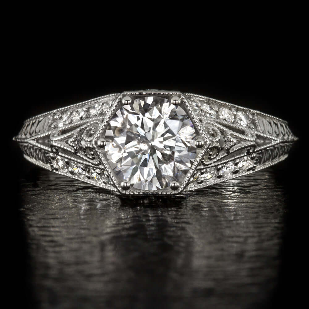 1.12ct NATURAL DIAMOND ENGAGEMENT RING VINTAGE STYLE WHITE GOLD ART DECO 1 CARAT