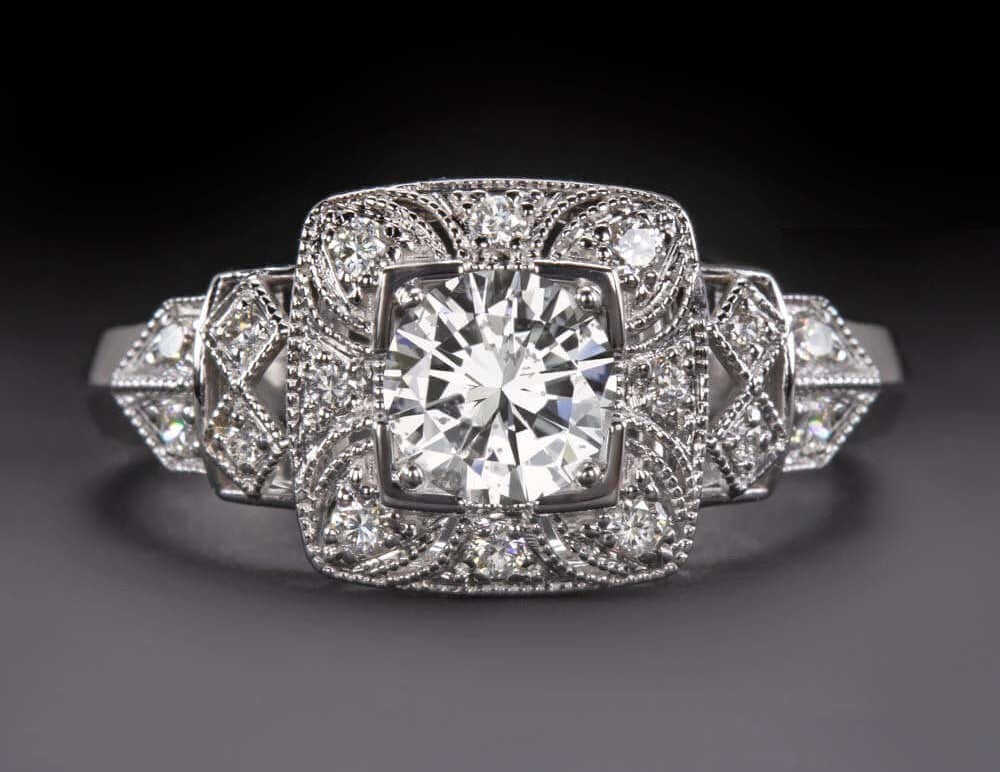 3/4 CARAT NATURAL DIAMOND VINTAGE ENGAGEMENT RING HALO ART DECO STYLE WHITE GOLD
